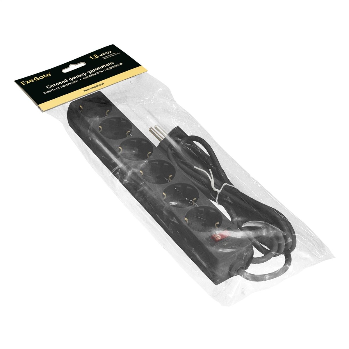 Exegate EX119391RUS Сетевой фильтр Exegate SP-6-1.8B (6 розеток, 1.8м, евровилка, черный)