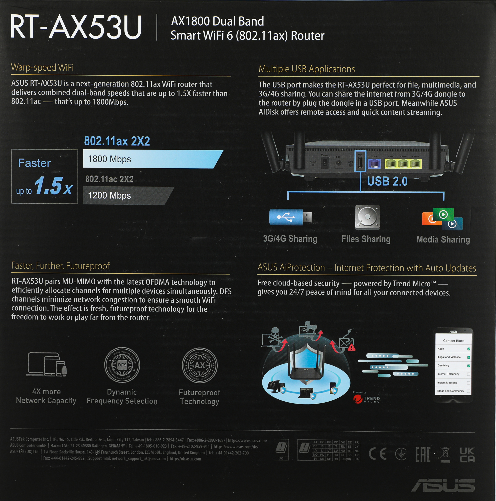 Роутер беспроводной Asus RT-AX53U AX1800 10/100/1000BASE-TX/4G ready черный