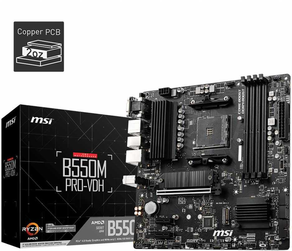 Материнская плата MSI B550M PRO-VDH Soc-AM4 AMD B550 4xDDR4 mATX AC`97 8ch(7.1) GbLAN RAID+VGA+HDMI+