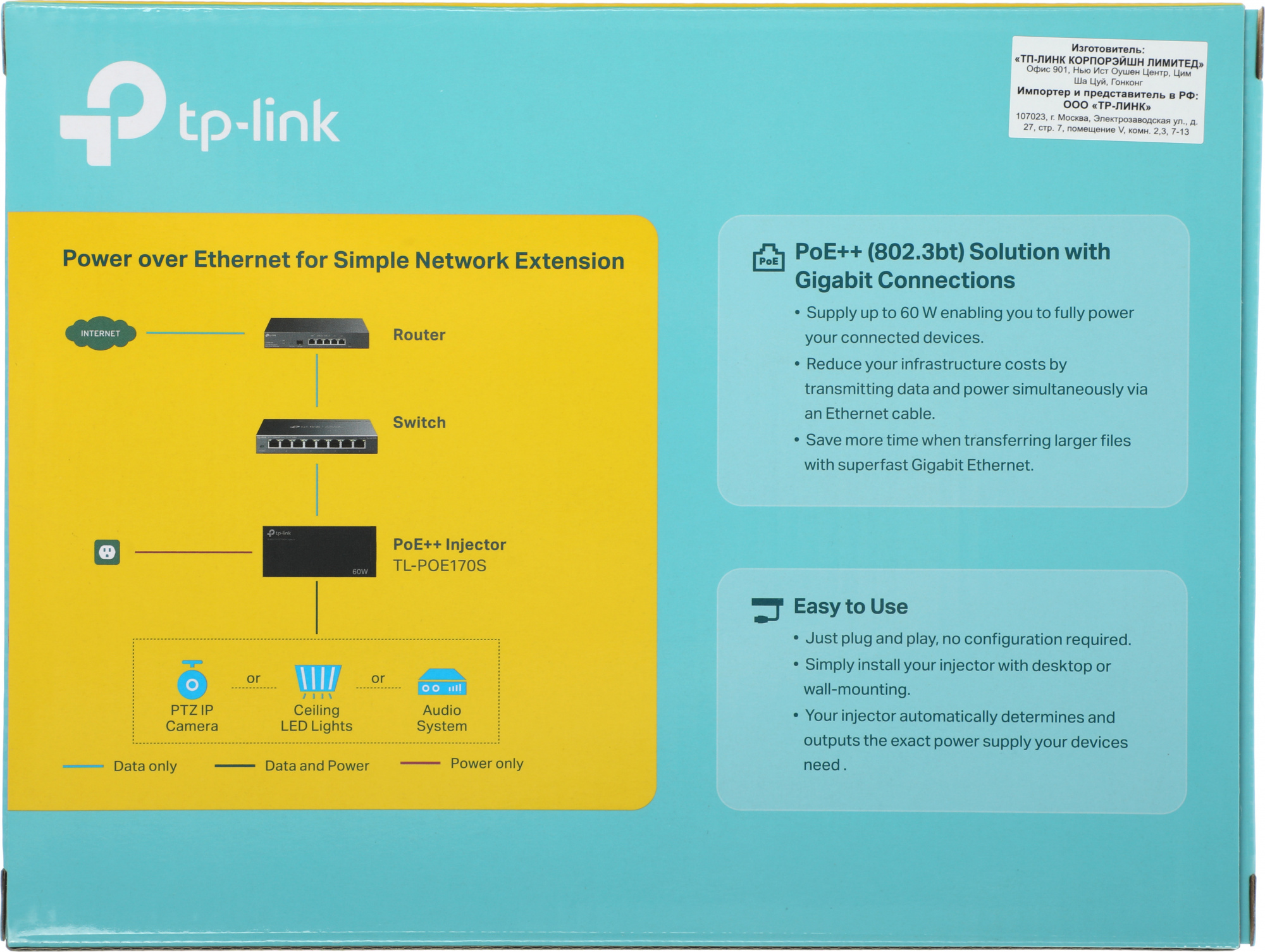 Инжектор PoE TP-Link POE170S 10/100/1000BASE-T 100-240В(АС)