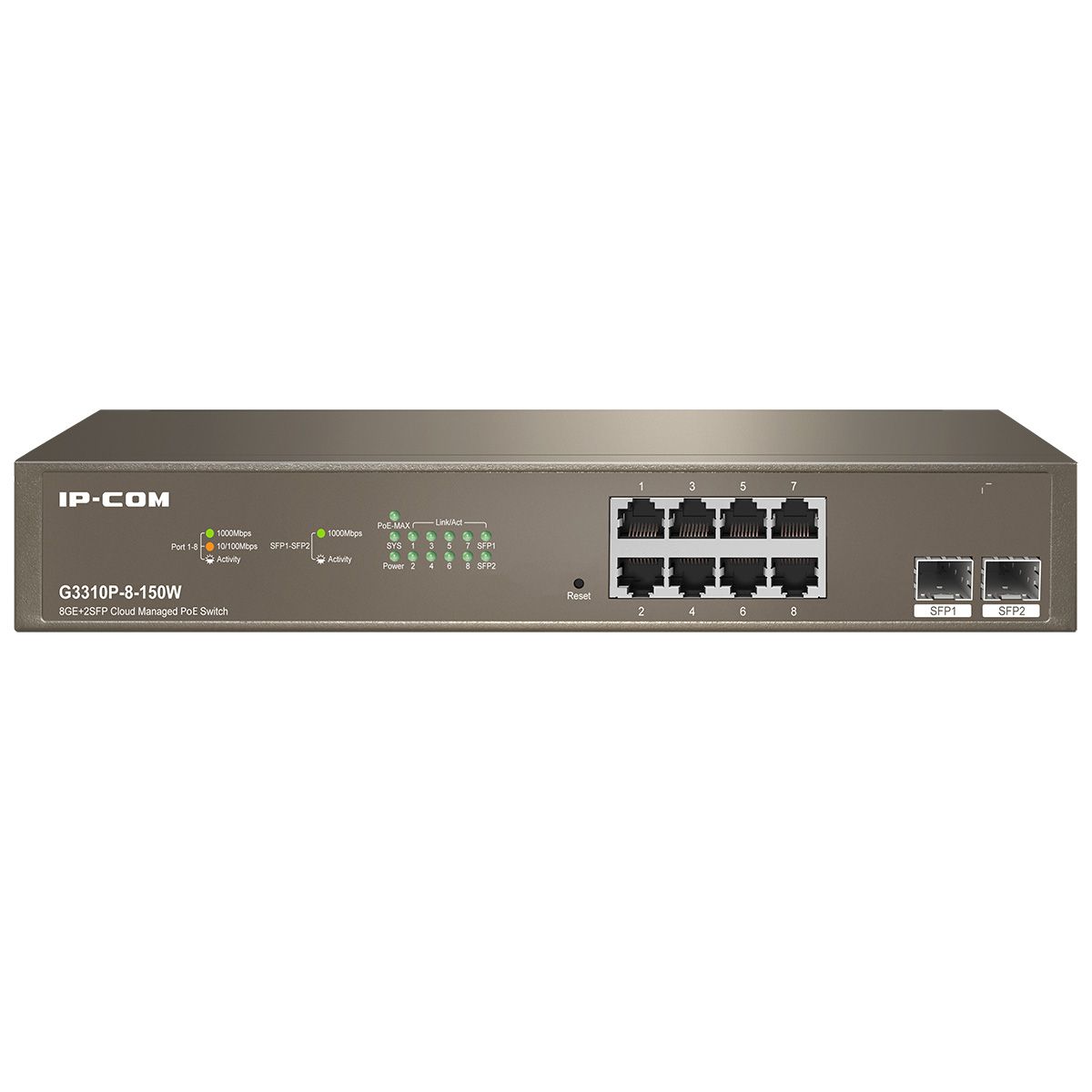 Коммутатор IP-Com G3310P-8-150W (L2) 8x1Гбит/с 2xКомбо(1000BASE-T/SFP) 2SFP 8PoE 130W управляемый