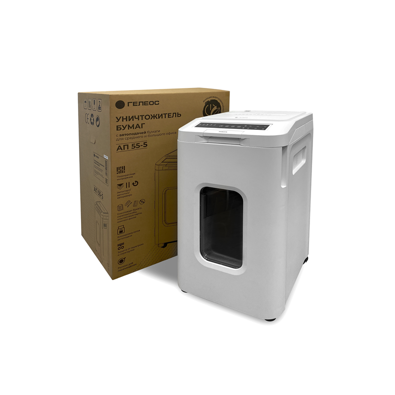 Шредер Heleos АП55-5 белый с автоподачей (секр.P-5) фрагменты 13лист. 55лтр. скрепки скобы пл.карты 