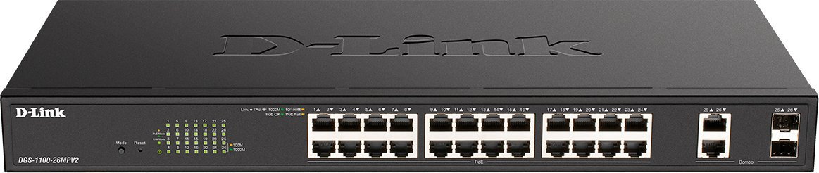 Коммутатор D-Link DGS-1100-26MPV2/A3A (L2) 24x1Гбит/с 2xКомбо(1000BASE-T/SFP) 24PoE 370W управляемый