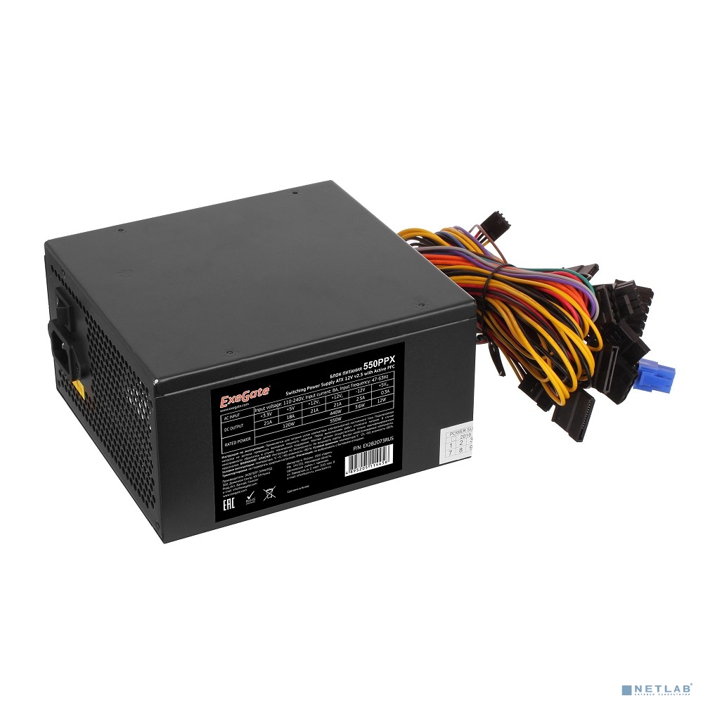 Exegate EX282073RUS Блок питания 550W 550PPX RTL, ATX, black, APFC, 14cm, 24p+(4+4)p PCI-E,4*IDE,5*S