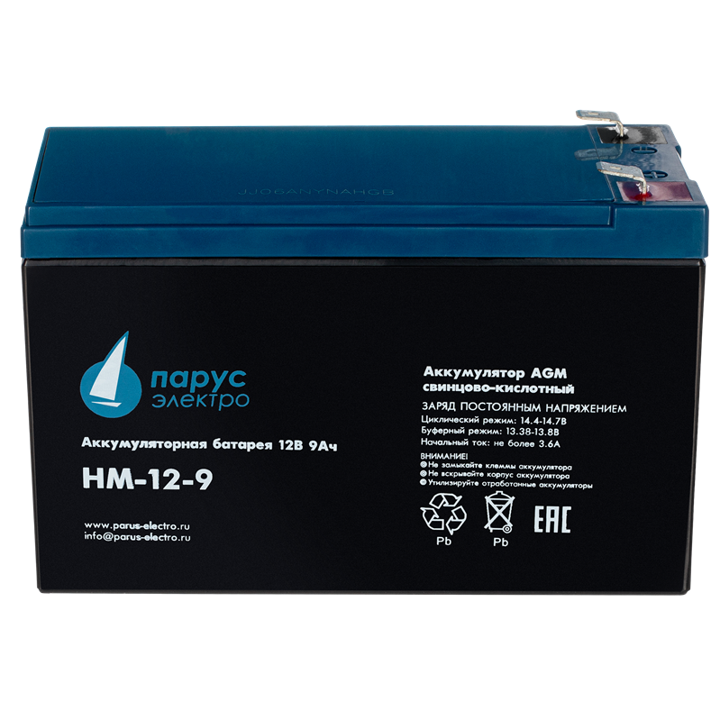 Аккамуляторная батарея Парус-электро Аккумуляторная батарея для ИБП  HM-12-9 (AGM/12В/9,0Ач/клемма F