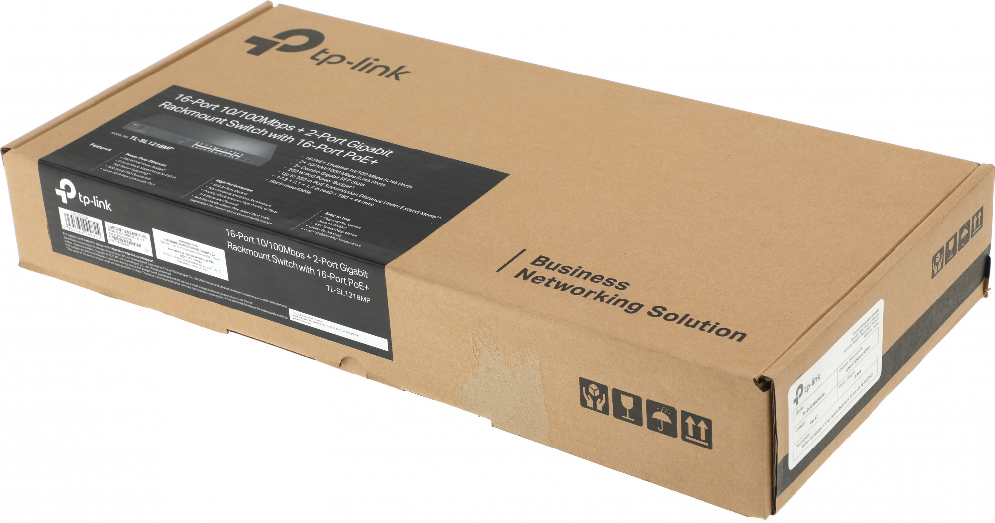 Коммутатор TP-Link TL-SL1218MP (L2) 16x100Мбит/с 2x1Гбит/с 2xКомбо(1000BASE-T/SFP) 16PoE+ 192W неупр