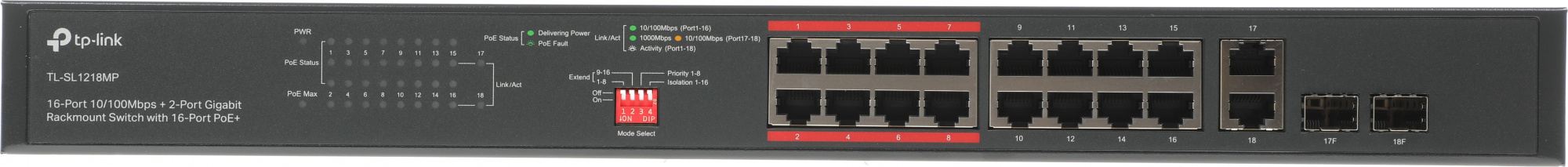 Коммутатор TP-Link TL-SL1218MP (L2) 16x100Мбит/с 2x1Гбит/с 2xКомбо(1000BASE-T/SFP) 16PoE+ 192W неупр