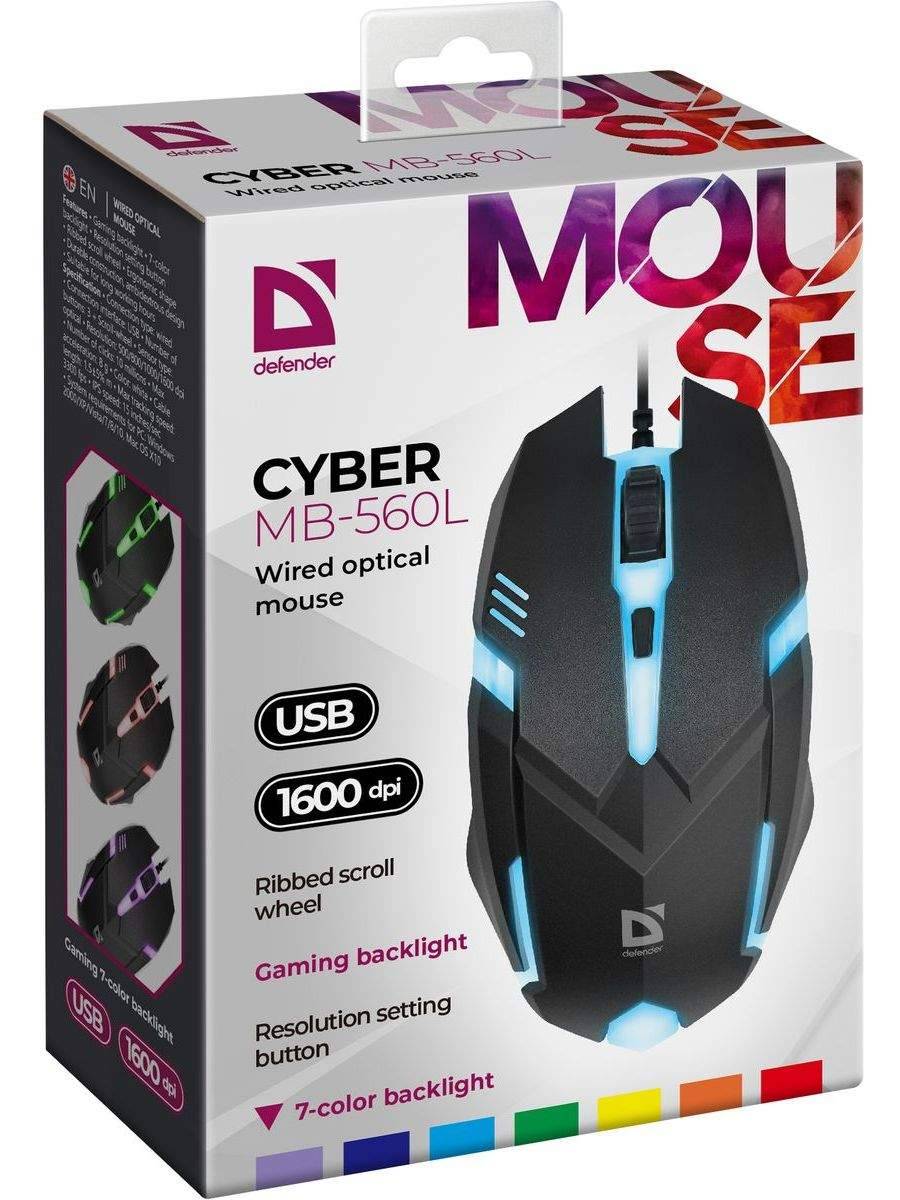 Мышь Defender Cyber MB-560L черный оптическая 1600dpi USB для ноутбука 2but (52560)