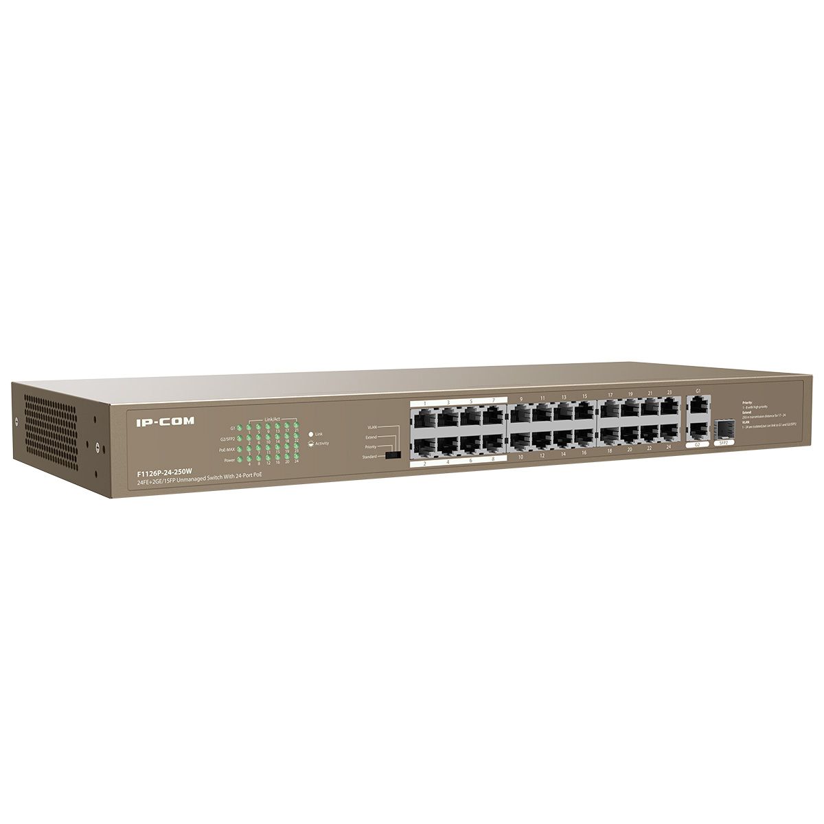 Коммутатор IP-Com F1126P-24-250W (L2) 24x100Мбит/с 2x1Гбит/с 1xКомбо(1000BASE-T/SFP) 1SFP 24PoE 230W