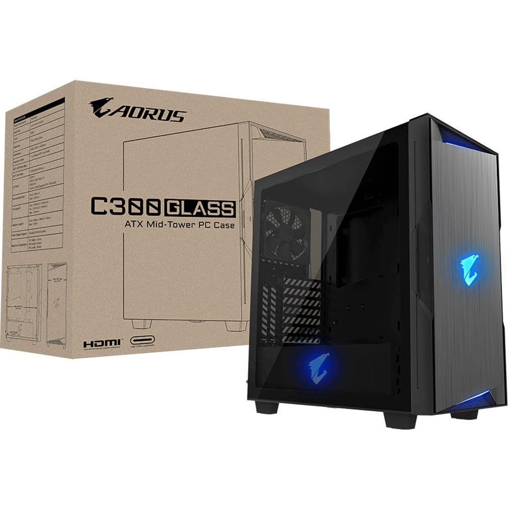 Корпус Gigabyte AORUS C300 Glass MidTower, ATX, USB-C x1, USB3.0 x2, Audio I/O, GPU:400mm, Black, TG
