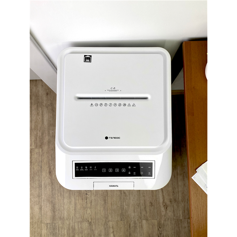 Шредер Heleos АП55-5 белый с автоподачей (секр.P-5) фрагменты 13лист. 55лтр. скрепки скобы пл.карты 