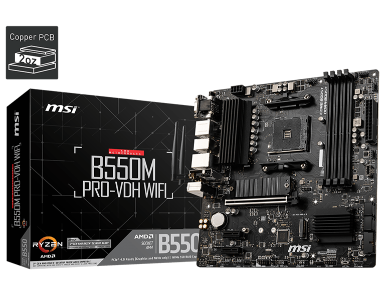 Материнская плата MSI B550M PRO-VDH WIFI Soc-AM4 AMD B550 4xDDR4 mATX AC`97 8ch(7.1) GbLAN RAID+HDMI