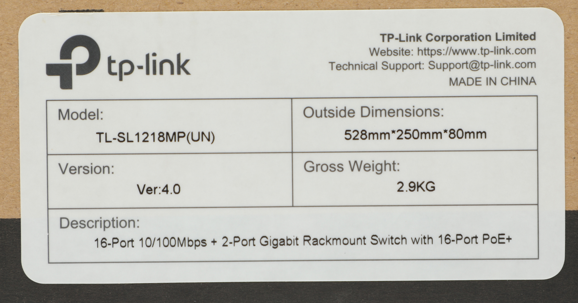Коммутатор TP-Link TL-SL1218MP (L2) 16x100Мбит/с 2x1Гбит/с 2xКомбо(1000BASE-T/SFP) 16PoE+ 192W неупр