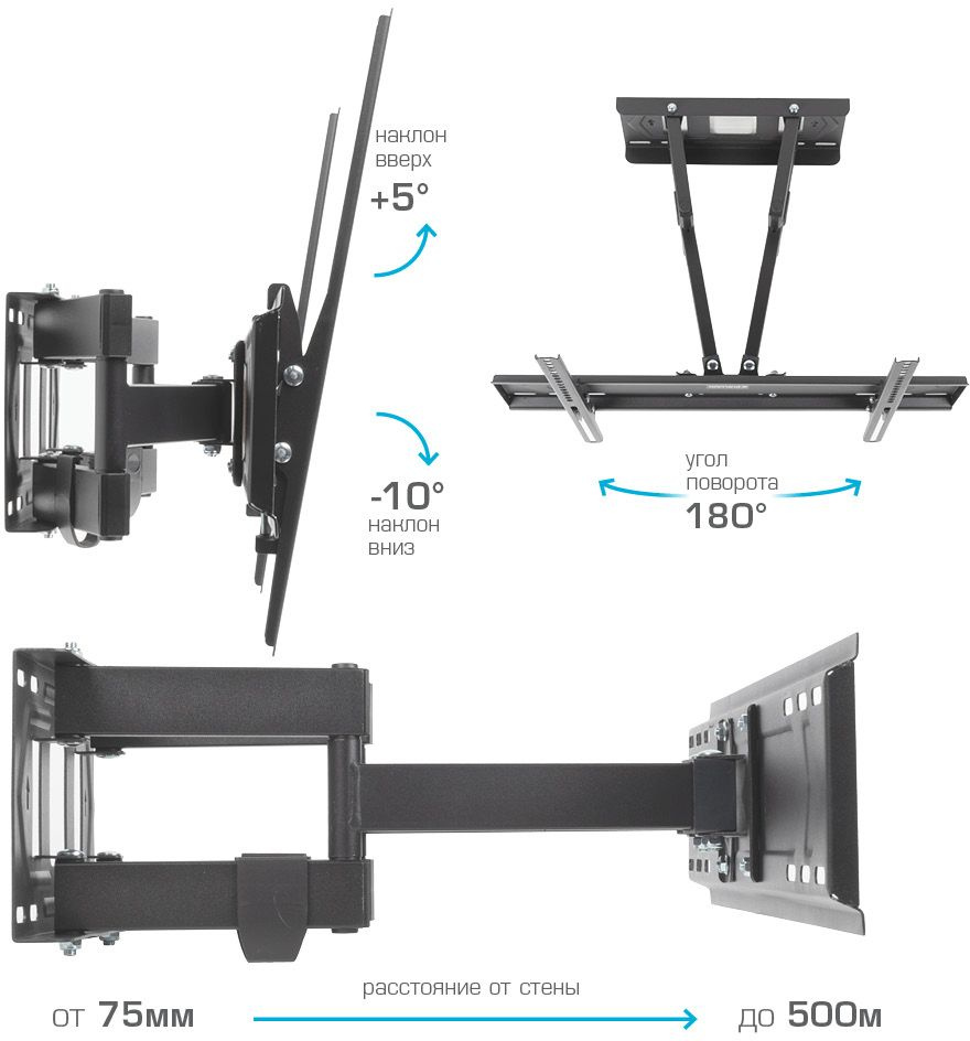 Кронштейн для телевизора Kromax PIXIS-XL-2 черный 40"-90" макс.50кг настенный поворот и наклон