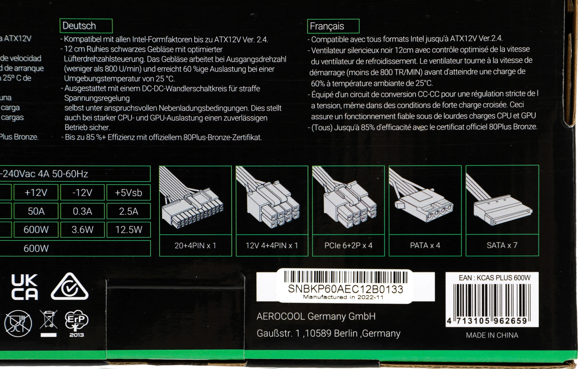 Блок питания Formula V Line KCAS PLUS 600W, 600W, APFC, 80+ Bronze, ATX12V v2.4, 12cm Fan (ex Aeroco