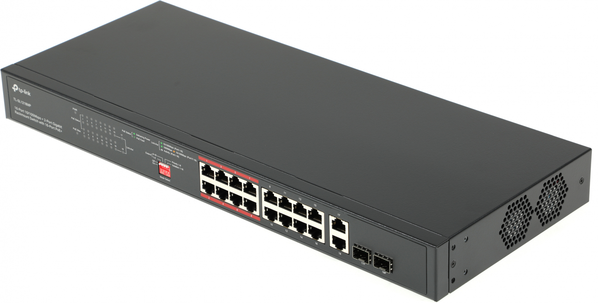 Коммутатор TP-Link TL-SL1218MP (L2) 16x100Мбит/с 2x1Гбит/с 2xКомбо(1000BASE-T/SFP) 16PoE+ 192W неупр
