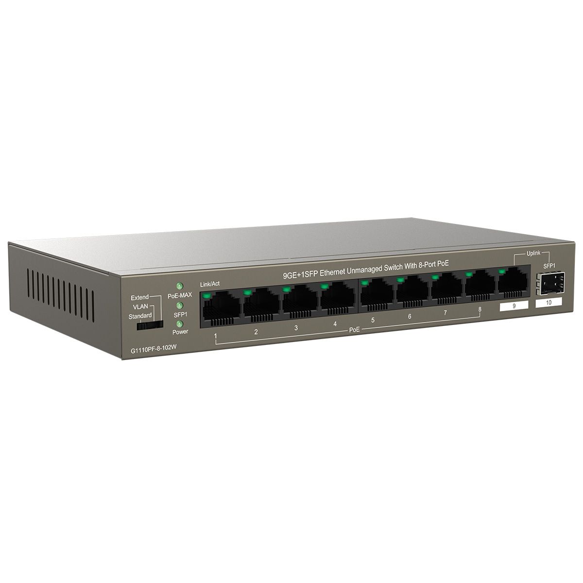 Коммутатор IP-Com G1110PF-8-102W (L2) 9x1Гбит/с 1xКомбо(1000BASE-T/SFP) 1SFP 8PoE 92W неуправляемый