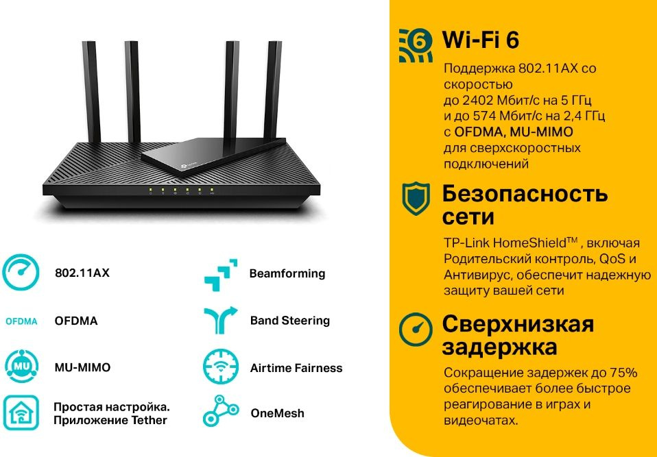 Роутер беспроводной TP-Link Archer AX55 AX3000 10/100/1000BASE-TX/4G ready черный
