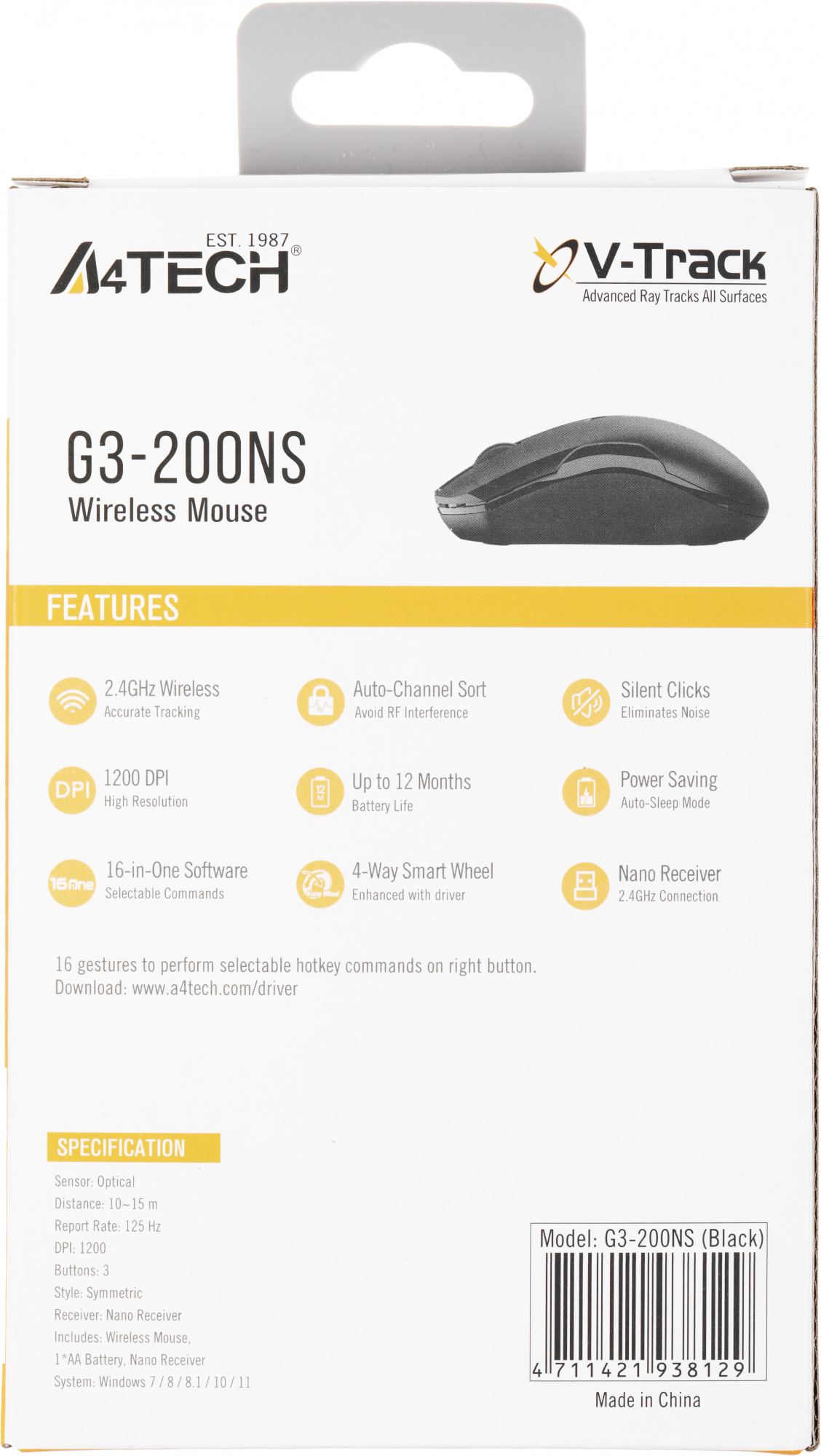 Мышь A4Tech V-Track G3-200NS черный оптическая 1200dpi беспров. USB 3but