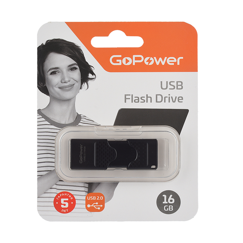 Флеш-накопитель GoPower SLIDER 16GB USB2.0 пластик черный матовый