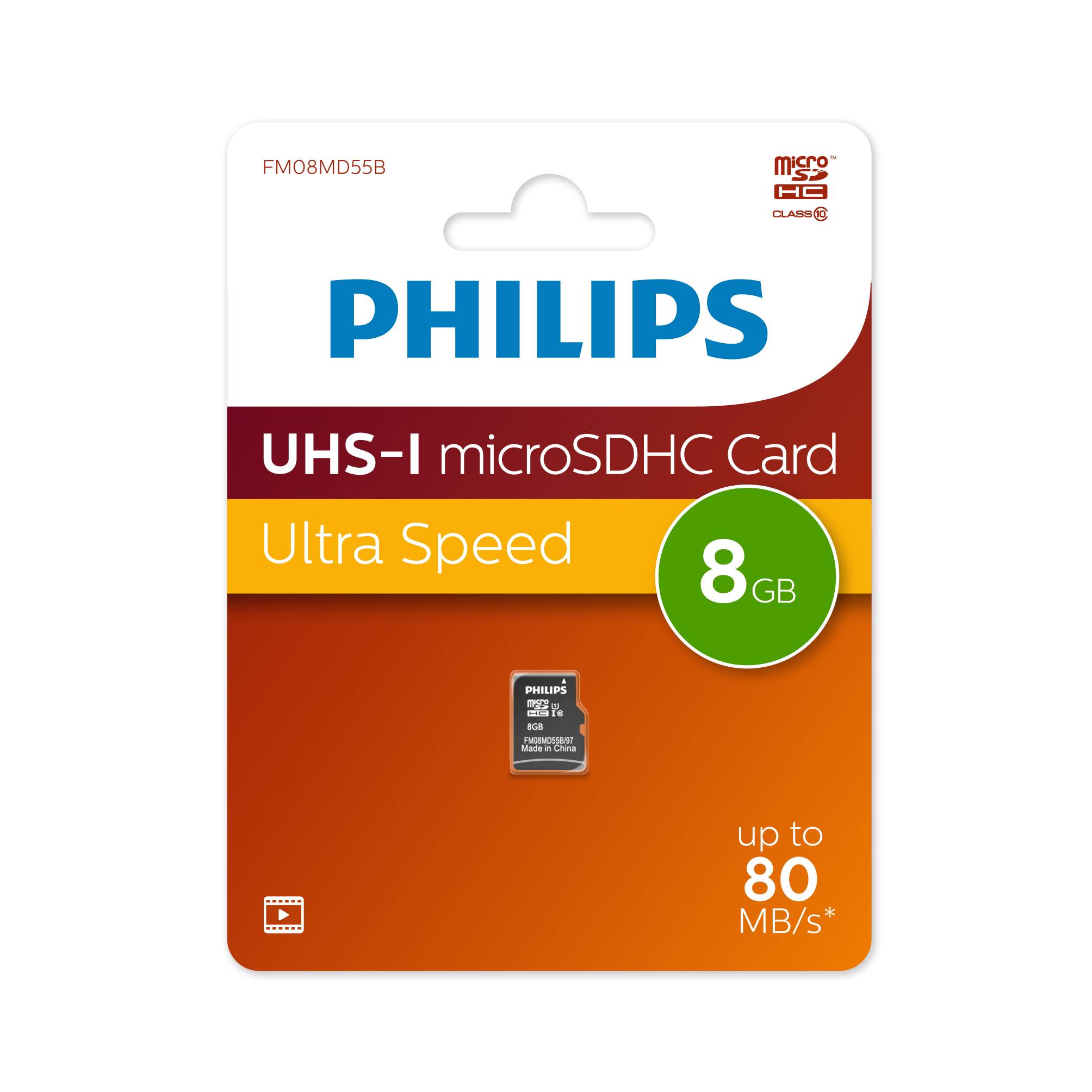 Флеш карта microSD 8GB PHILIPS High Speed  microSDHC Class 10 80MB/s