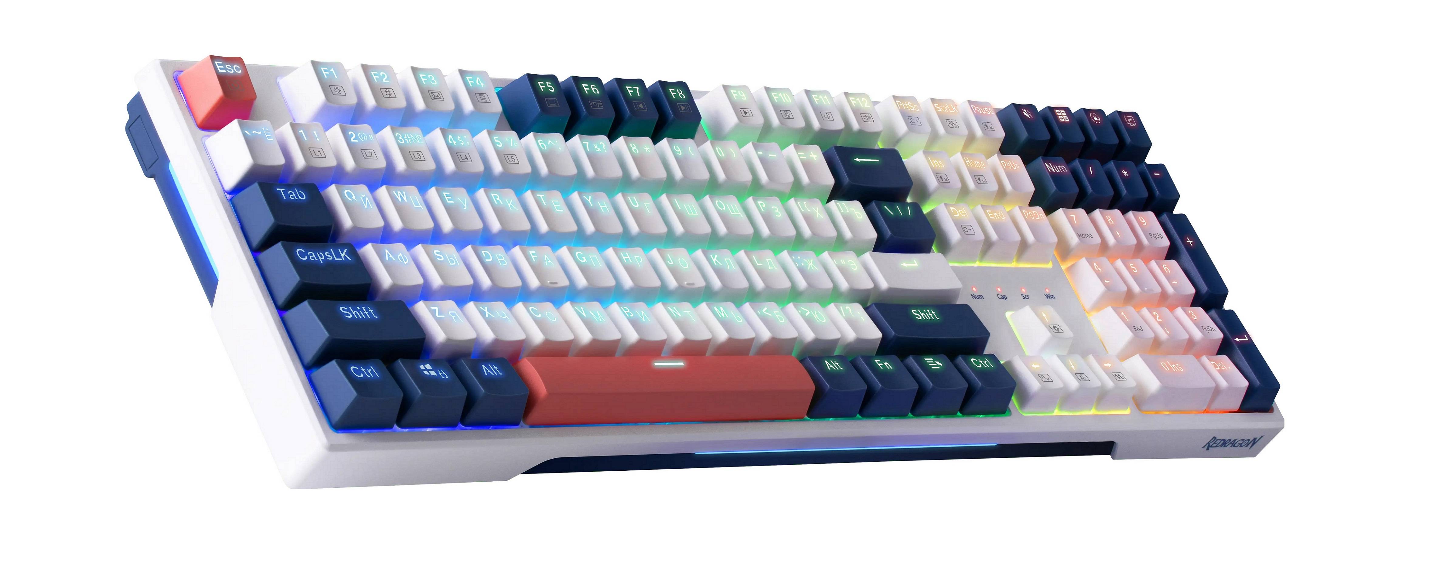 Redragon Механическая клавиатура Whisper RU,RGB,бел-син-оранж.,тихая