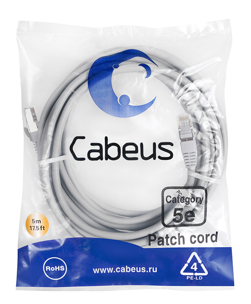 Патч-корд Патч-корд Cabeus PC-FTP-RJ45-Cat.5e-5m  FTP, кат. 5е, 5м,  экранированный, серый