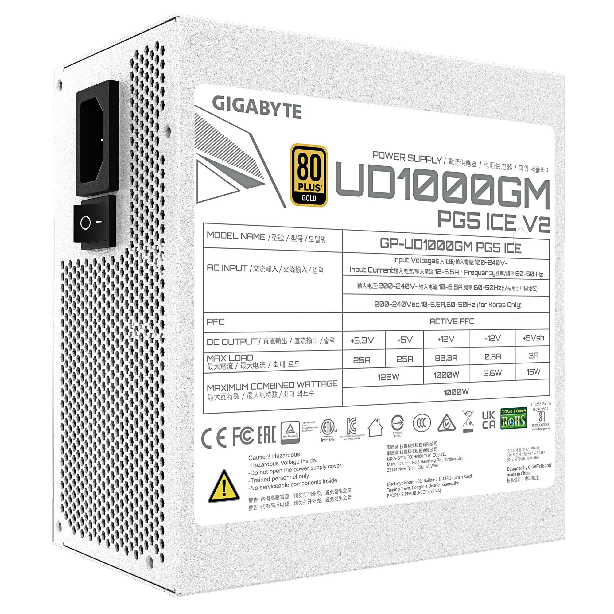 Блок питания ПК Gigabyte UD1000GM PG5 ICE 1000W, 80Plus, Gold, Полностью модульный, White colour