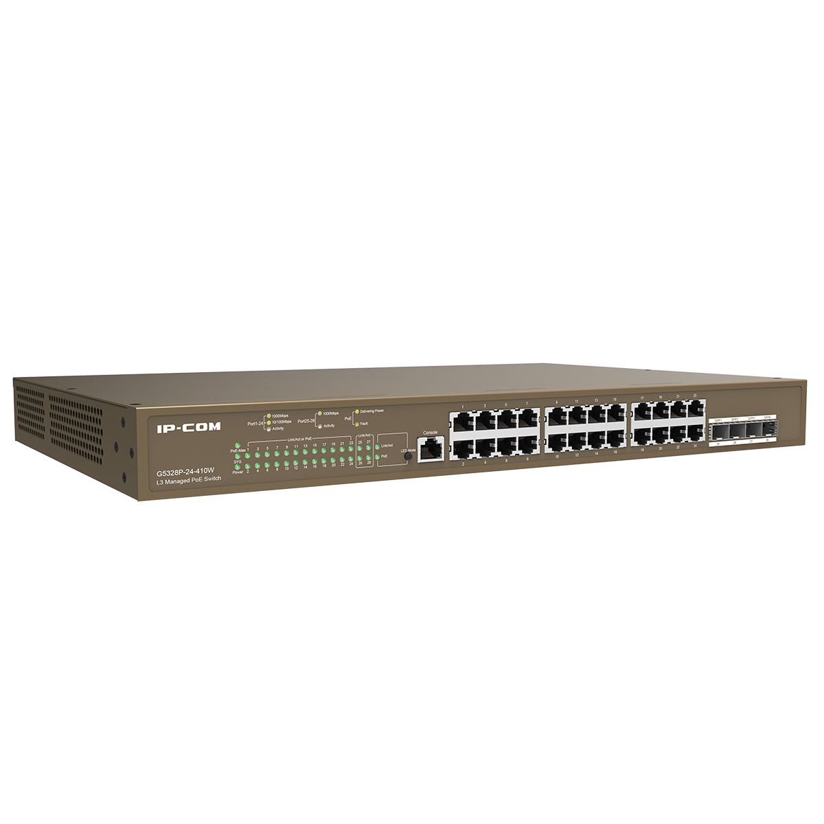 Коммутатор IP-Com G5328P-24-410W (L3) 24x1Гбит/с 4xКомбо(1000BASE-T/SFP) 4SFP 24PoE 370W управляемый