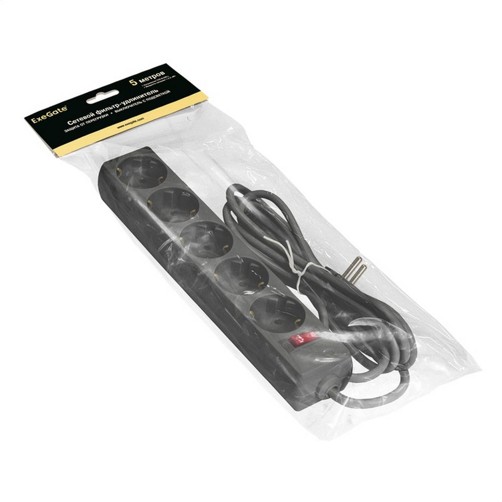 Exegate EX221188RUS Сетевой фильтр Exegate SP-5-5B (5 розеток, 5м, евровилка, черный)