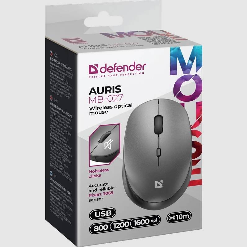 Мышь Defender Auris MB-027 серый оптическая 1600dpi silent беспров. USB для ноутбука 3but (52029)