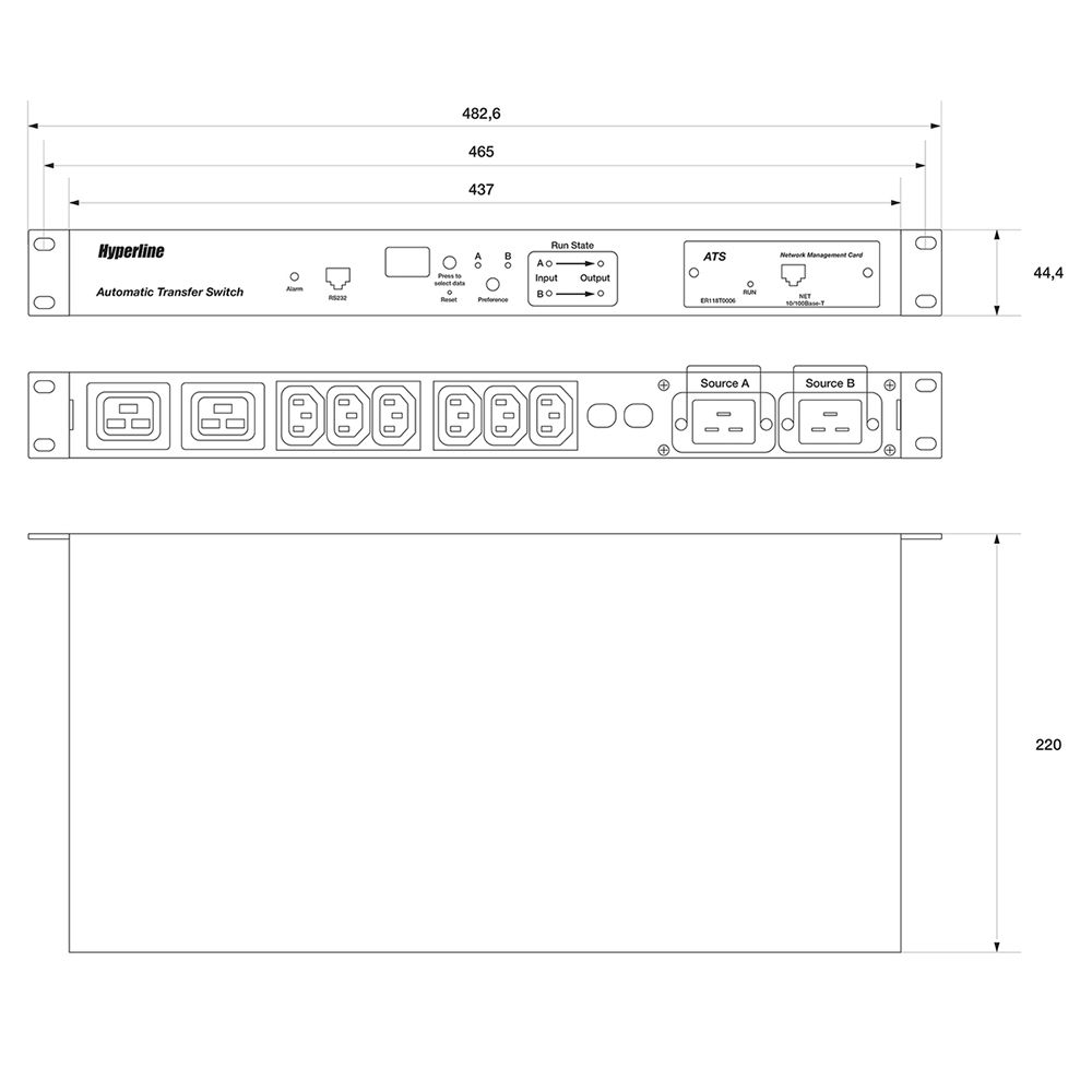 Блок розеток Hyperline ATS-R-128H0812-Intelligent Блок розеток с функцией авт. включения резервного 