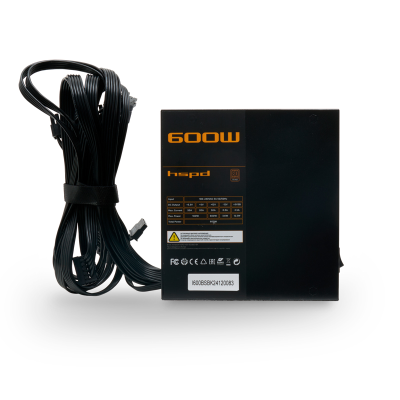 Блок питания HSPD, 600W 80+ Bronze (ATX, 2.31, Semi-modular, 1x24(20+4)pin 550mm, 1xCPU*2 8(4+4)pin 