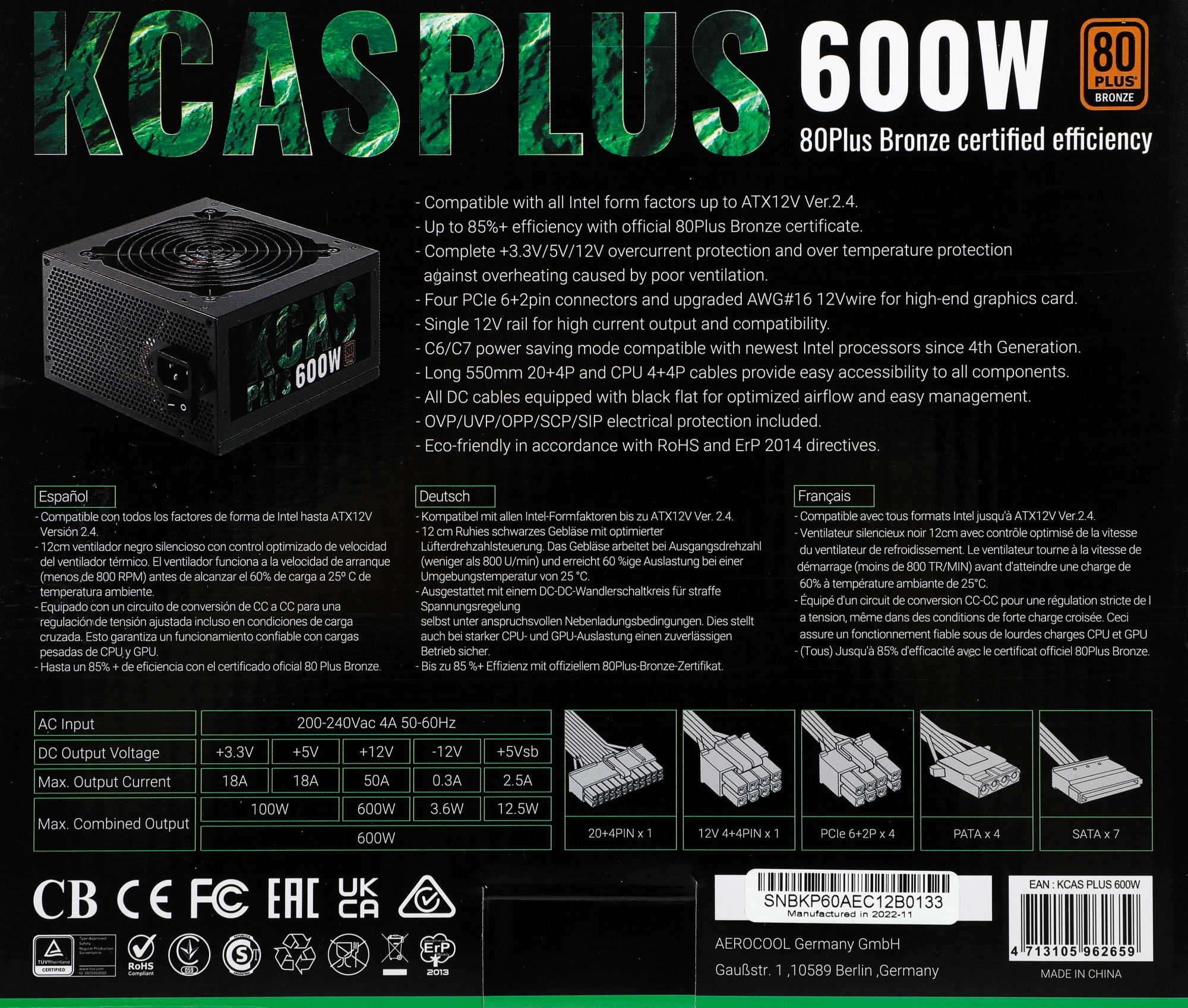 Блок питания Formula V Line KCAS PLUS 600W, 600W, APFC, 80+ Bronze, ATX12V v2.4, 12cm Fan (ex Aeroco
