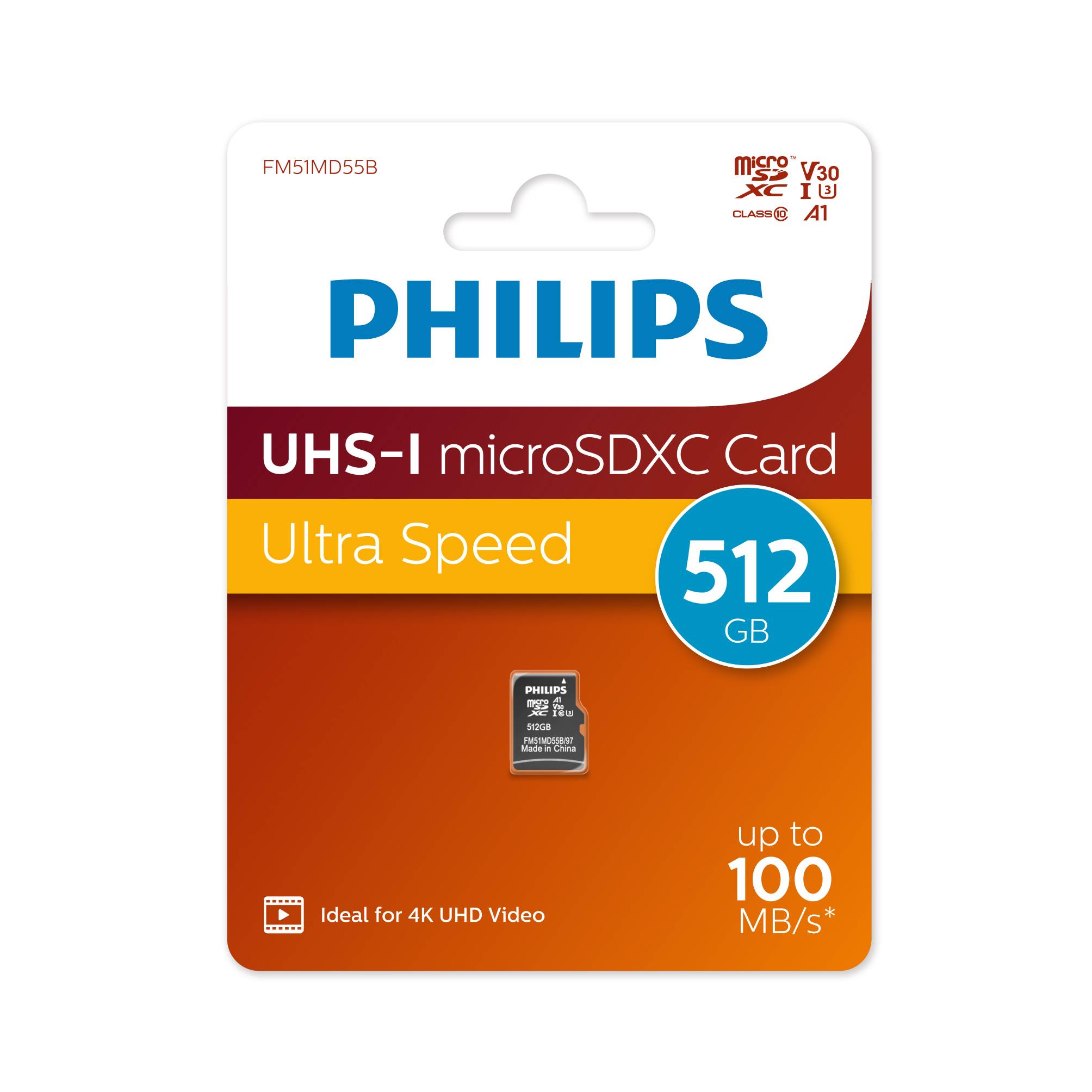 Флеш карта microSD 512GB PHILIPS High Speed  microSDHC Class UHS-I U3, V30, A1, 100MB/s
