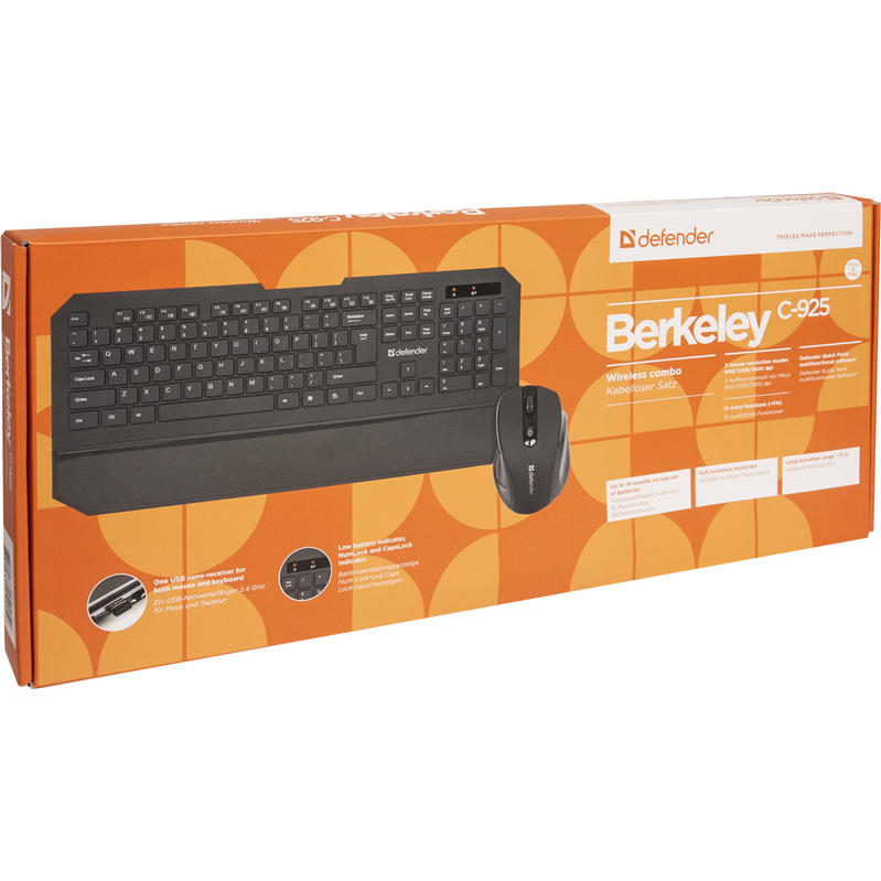 Комплект клавиатура+мышь беспроводной DEFENDER Berkeley C-925 black (USB, 1600 dpi)