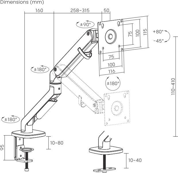 Кронштейн для мониторов Ultramounts UM734BL серый/черный 17"-27" макс.7кг крепление к столешнице пов
