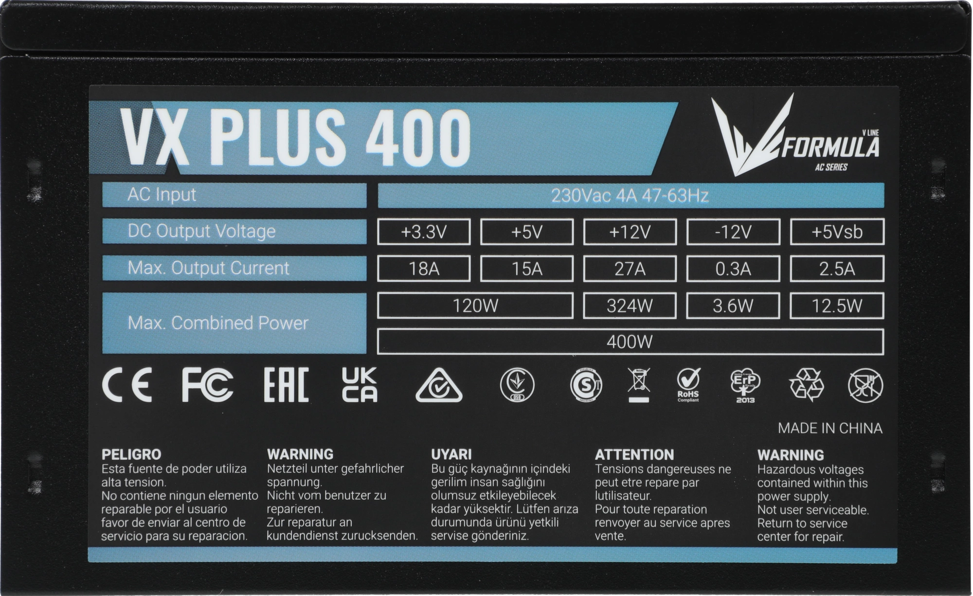 Блок питания Formula V Line VX PLUS 400, 400W, ATX12V v2.3, 12cm Fan (ex Aerocool)