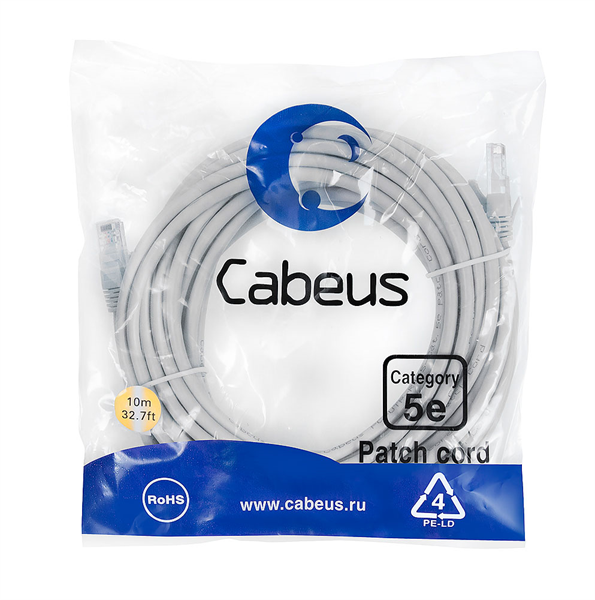 Cabeus PC-UTP-RJ45-Cat.5e-10m-LSZH Патч-корд U/UTP, категория 5е, 2xRJ45/8p8c, неэкранированный, сер