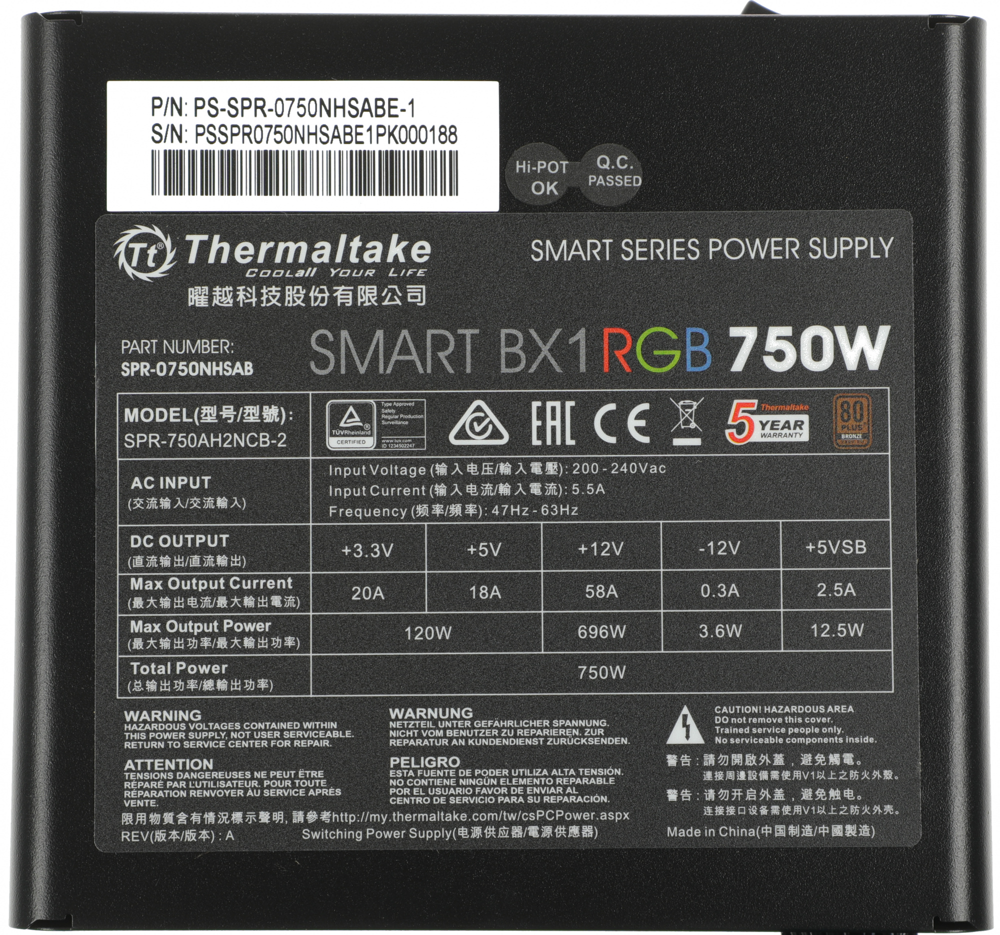 Блок питания Thermaltake ATX 750W Smart BX1 RGB 80+ bronze (20+4pin) APFC 120mm fan color LED 8xSATA