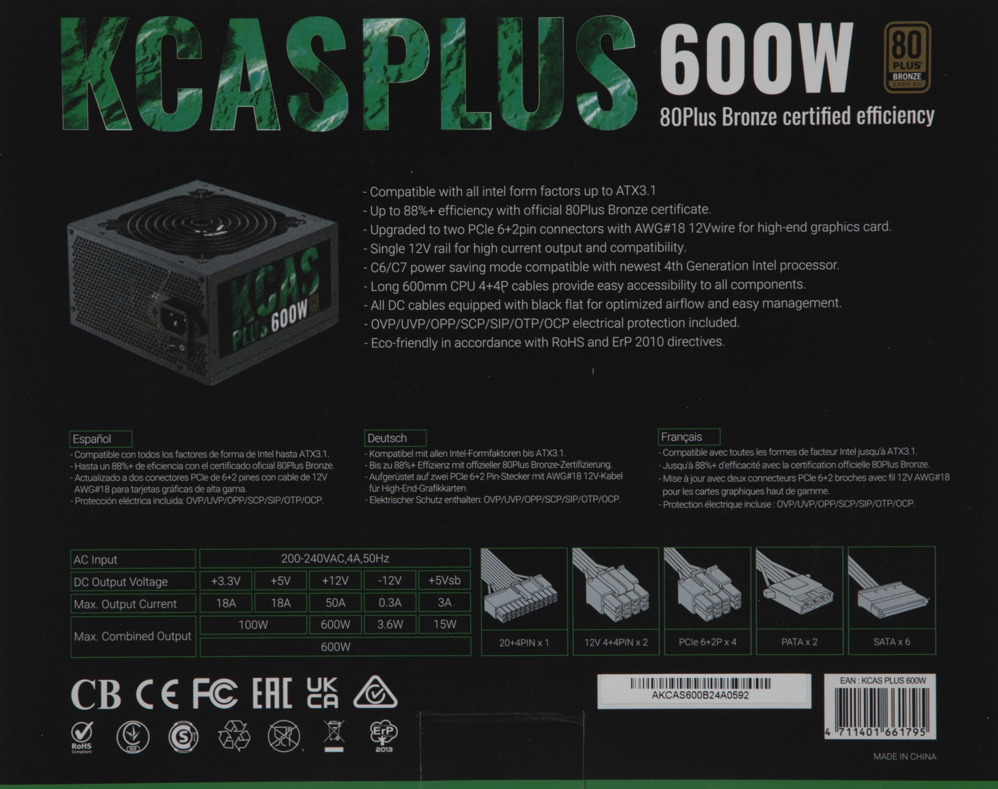 Блок питания Formula V Line KCAS PLUS 600W, 600W, APFC, 80+ Bronze, ATX12V v2.4, 12cm Fan (ex Aeroco