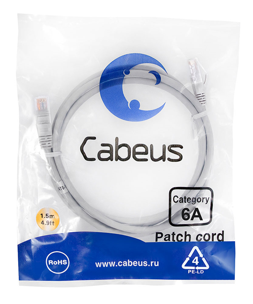 Патч-корд u/utp, категория 6а (10g), серый, lszh, 1.5м Cabeus PC-UTP-RJ45-Cat.6a-1.5m-LSZH Патч-корд