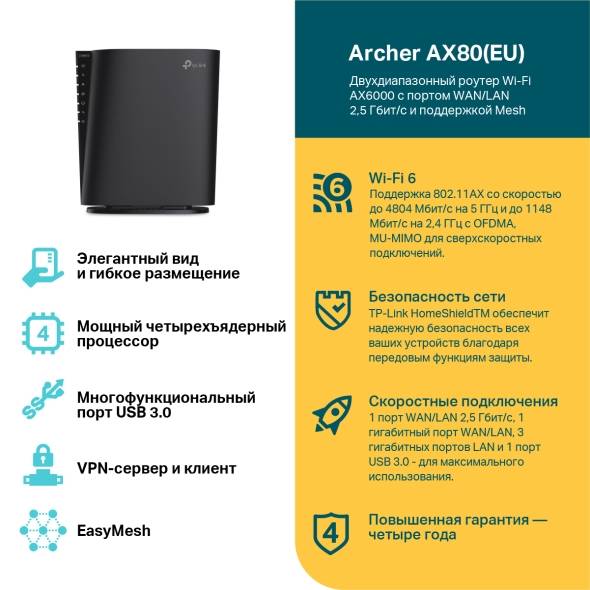 Роутер беспроводной TP-Link Archer AX80(EU) AX6000 100/1000/2500BASE-T черный