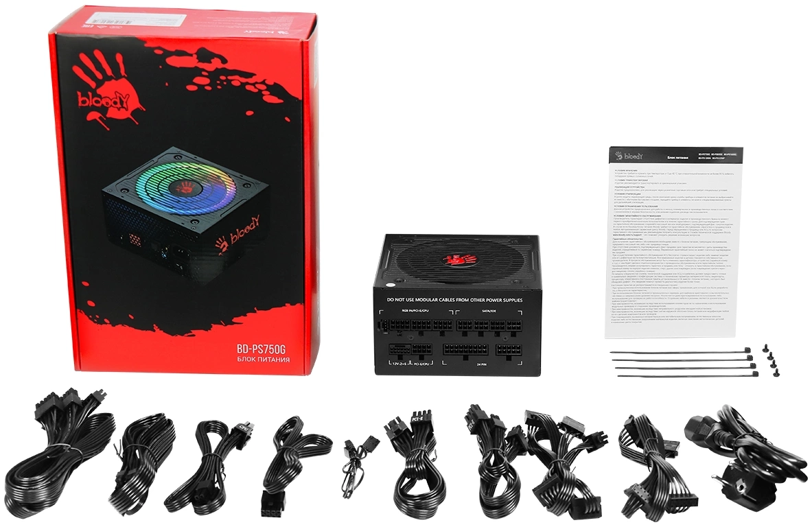 Блок питания Bloody ATX 750W BD-PS750G 80+ gold (20+4pin) APFC 120mm fan color LED 6xSATA Cab Manag 