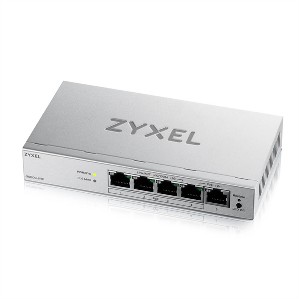 Коммутатор Web Smart L2 коммутатор Zyxel GS1200-5HPv3, 5xGE (4xPoE+), бюджет PoE 68 Вт, настольный, 