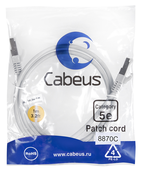 Cabeus PC-FTP-RJ45-Cat.5e-1m-LSZH Патч-корд F/UTP, категория 5е, 2xRJ45/8p8c, экранированный, серый,