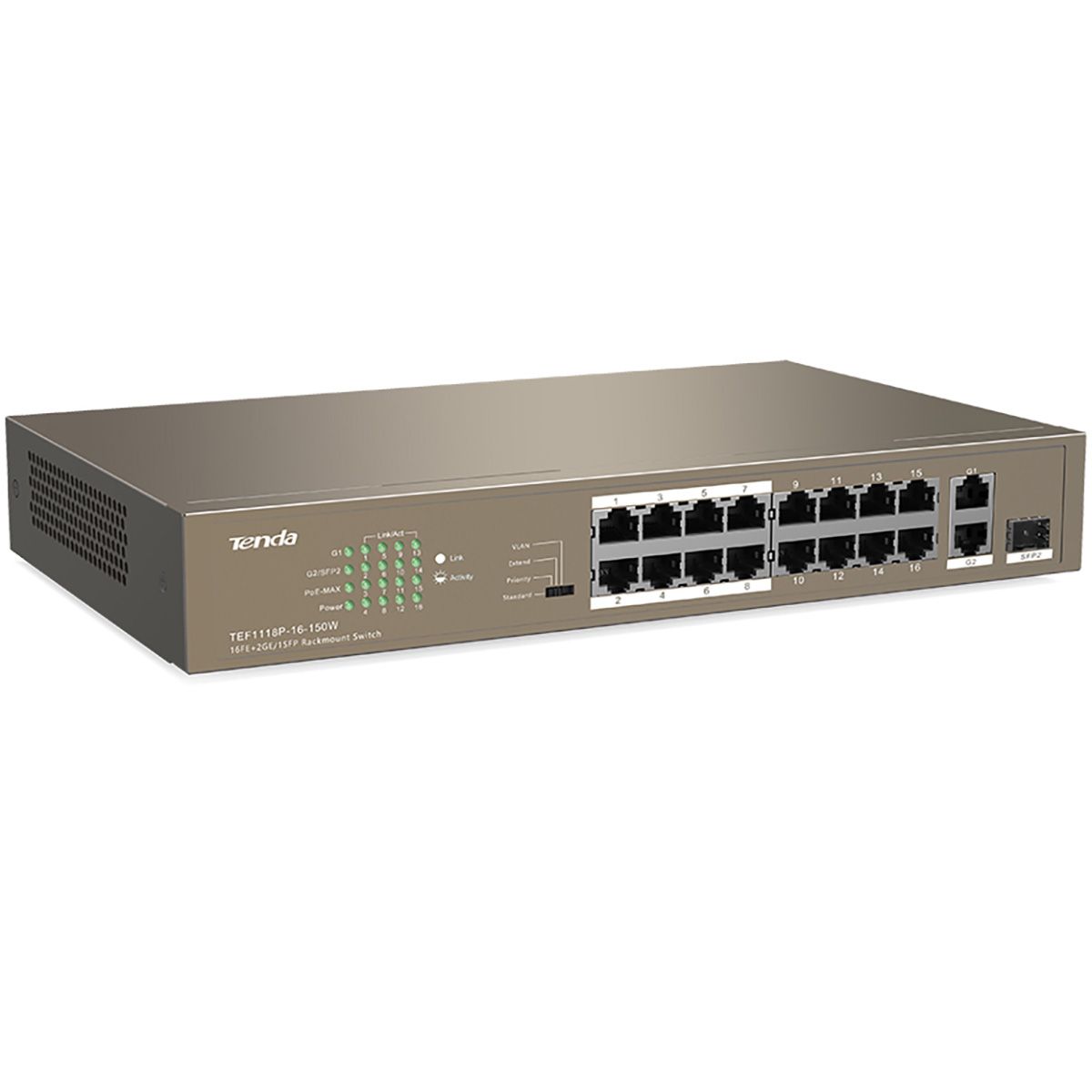 Коммутатор Tenda TEF1118P-16-150W (L2) 16x100Мбит/с 2x1Гбит/с 1SFP 16PoE 130W неуправляемый