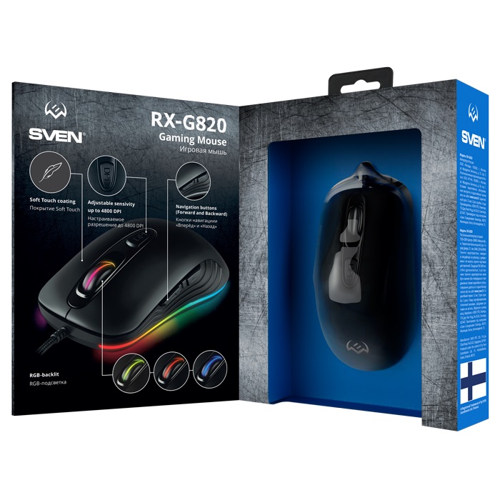 Игровая мышь SVEN RX-G820 (6+1кл. 200-4800 DPI. ПО. SoftTouch. RGB-подсветка. игров. упак)