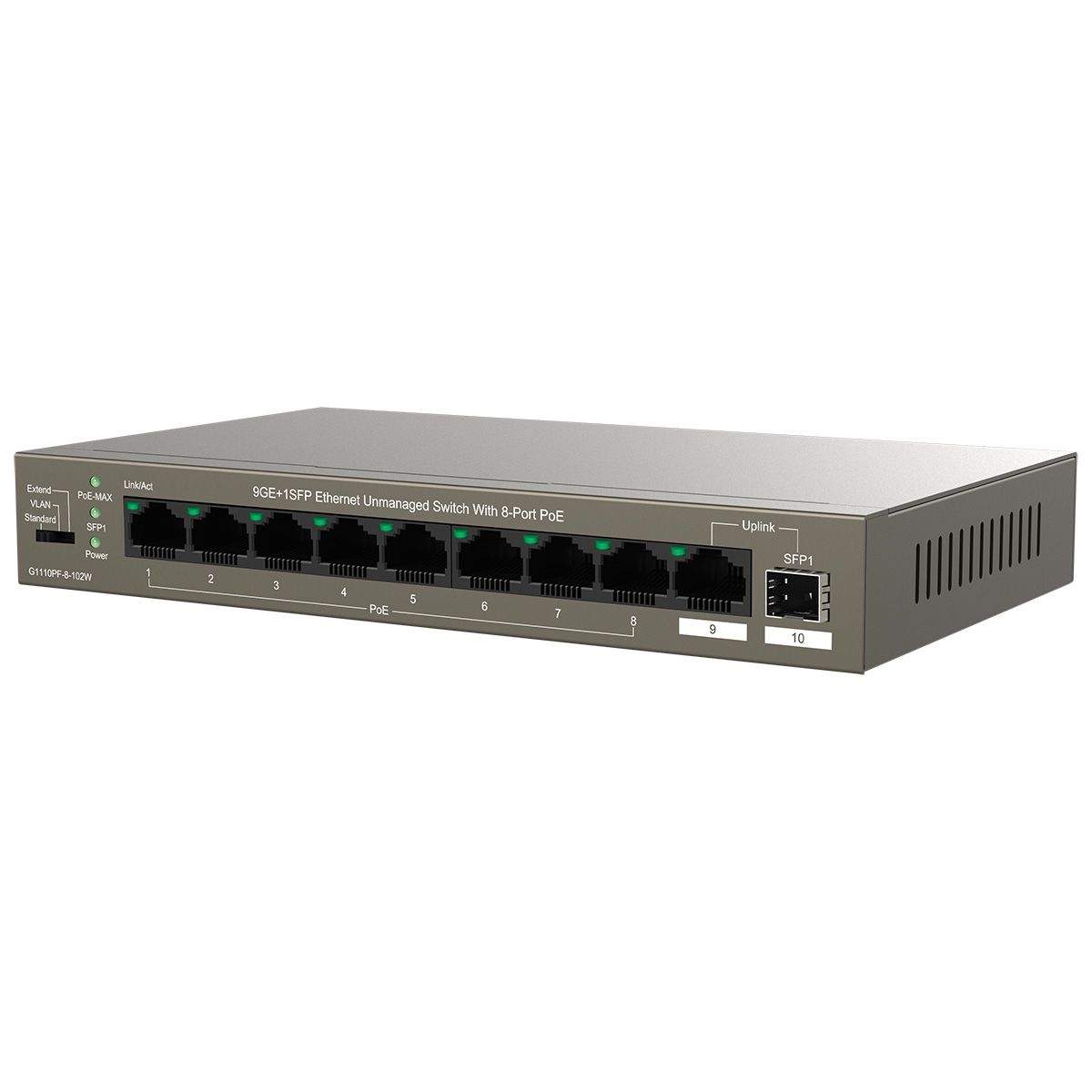 Коммутатор IP-Com G1110PF-8-102W (L2) 9x1Гбит/с 1xКомбо(1000BASE-T/SFP) 1SFP 8PoE 92W неуправляемый