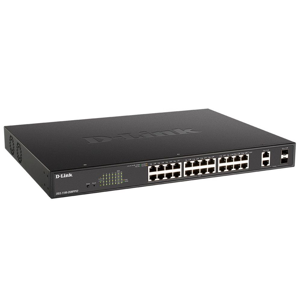 Коммутатор D-Link DGS-1100-26MPPV2/A3A (L2) 24x1Гбит/с 2xКомбо(1000BASE-T/SFP) 2SFP 24PoE 90W управл